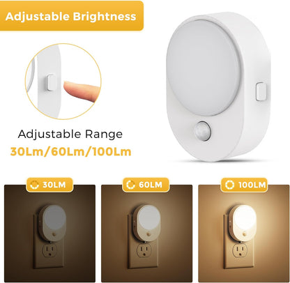 L LOHAS LED Plug in Night Light with Motion Sensor and Dusk to Dawn Sensor,[4-PACK] Night Lights Plug into Wall,3000K Soft White,30/60/100LM Dimmable Nightlight for Bathroom Hallway Kitchen