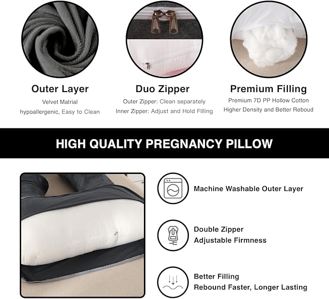 ALLOPERA Pregnancy Pillow, Full Body 57 Inch Maternity Pillow with Removable Washable Cover - Sleep Support for Legs, Back, Neck, Shoulder, HIPS, Belly for Pregnent Women, Black Grey Velvet Cover