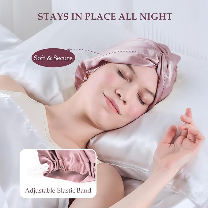 Silk Bonnet for Sleeping Women, 100% Mulberry Silk Sleep Cap with Elastic Band, Real Mulberry Shower Cap on Both Sides, Rose Pink