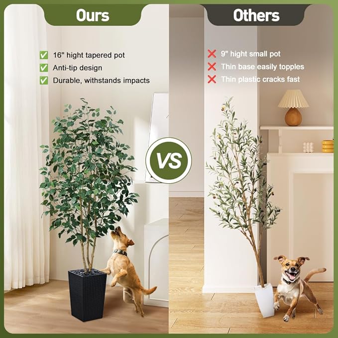 6ft Artificial Ficus Tree,Tall Faux Tree with Silk Leaves & Real Wood Trunk,UV Resistant Potted Fake Plant with Pebbles & Planter-Indoor Outdoor Floor Plant for Home Living Room,VN129