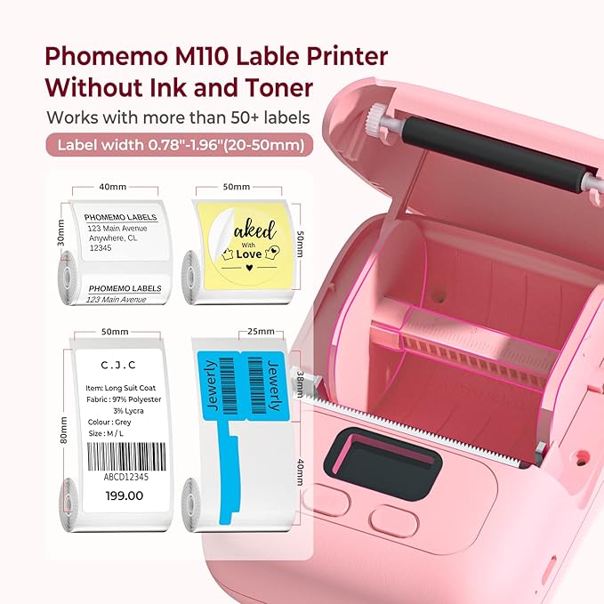 Phomemo Thermal Label Maker - M110 Barcode Label Printer Portable Bluetooth Labeler Maker Machine for for Small Business, Address, Logo, Clothing, Mailing, with 40x30mm Label, Pink
