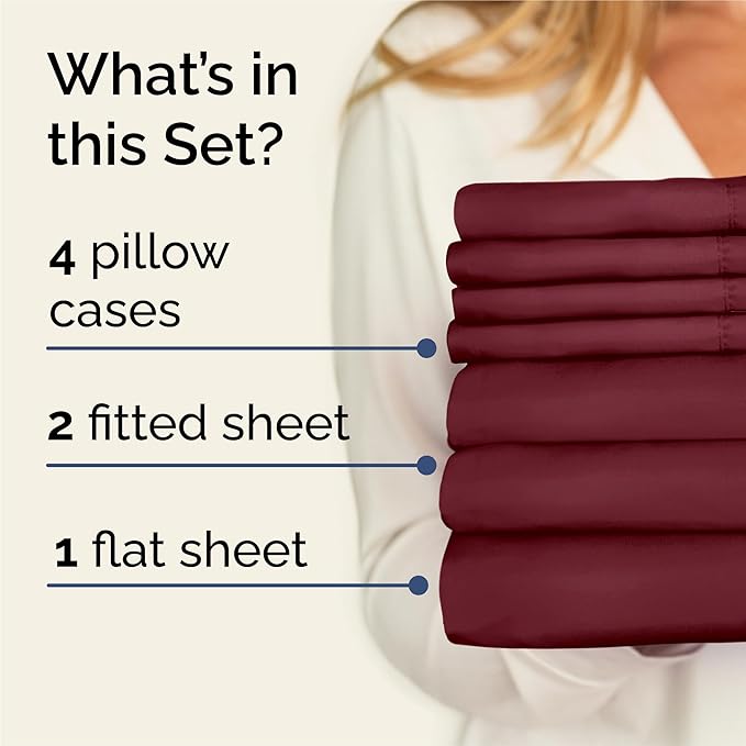 Split King 7 Piece Sheet Set - Cooling & Breathable - Hotel Luxury Bedding, Includes Fitted Sheets for Women, Men, Kids & Teens - 1 Flat, 2 Fitted Sheets, 4 Pillowcases with Deep Pockets - Burgundy