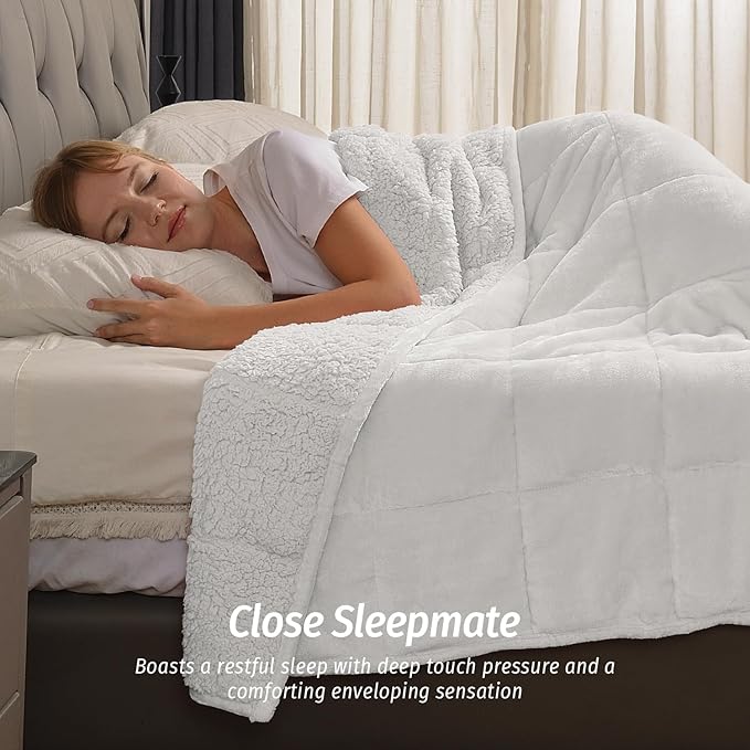 Wemore Sherpa Fleece Weighted Blanket for Adult, 15 lbs Dual Sided Cozy Fluffy Heavy Blanket, Ultra Fuzzy Throw Blanket with Soft Plush Flannel Top, 60 x 80 inches Queen Size White on Both Sides