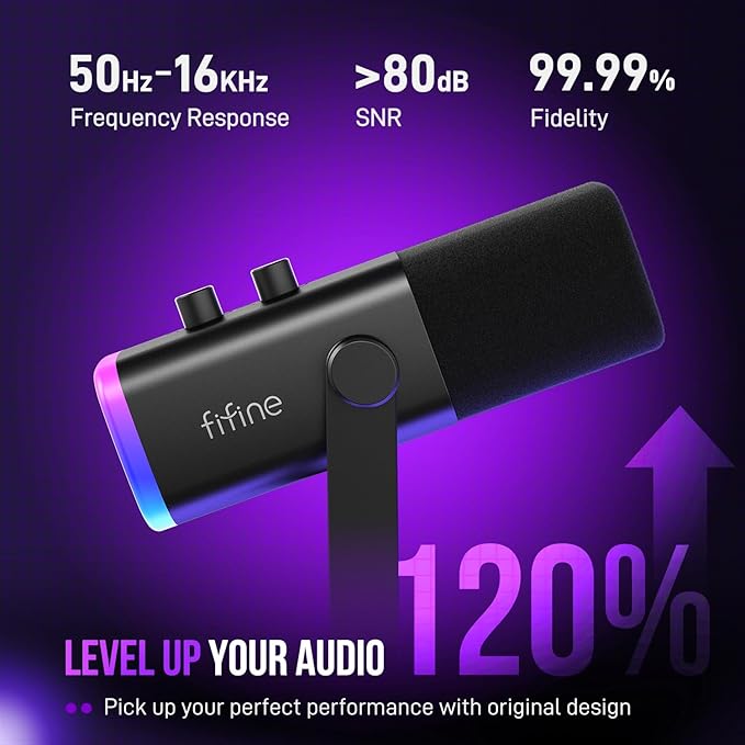 FIFINE USB/XLR Dynamic Microphone for Podcast Recording, PC Computer Gaming Streaming Mic with RGB Light, Mute Button, Headphones Jack, Desktop Stand, Vocal Mic for Singing YouTube-AmpliGame AM8