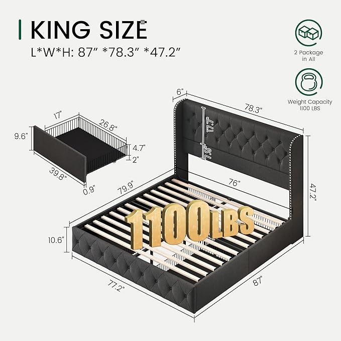 LARMACE King Size Platform Bed Frame with 4 Storage Drawers and Tufted Headboard Linen Upholstered Bed Wingback Bed Frame with Wooden Slats Support, Easy Assembly, Dark Grey