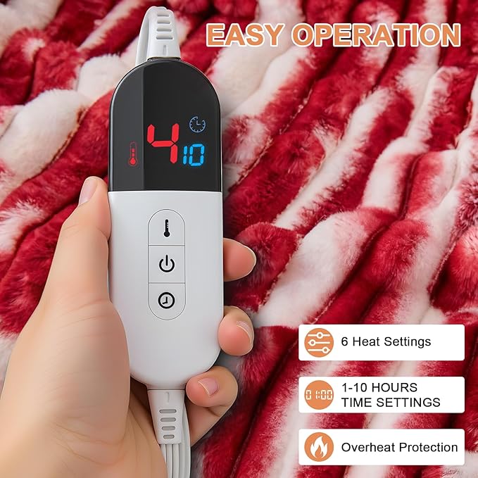 Heated Blanket Twin - 62"x84" Fast Heating Bed Electric Blankets with 6 Heating Levels & 10 Hours Auto Off, Soft Ribbed Faux Fur Sherpa, Over-Heated Protection ETL, Red
