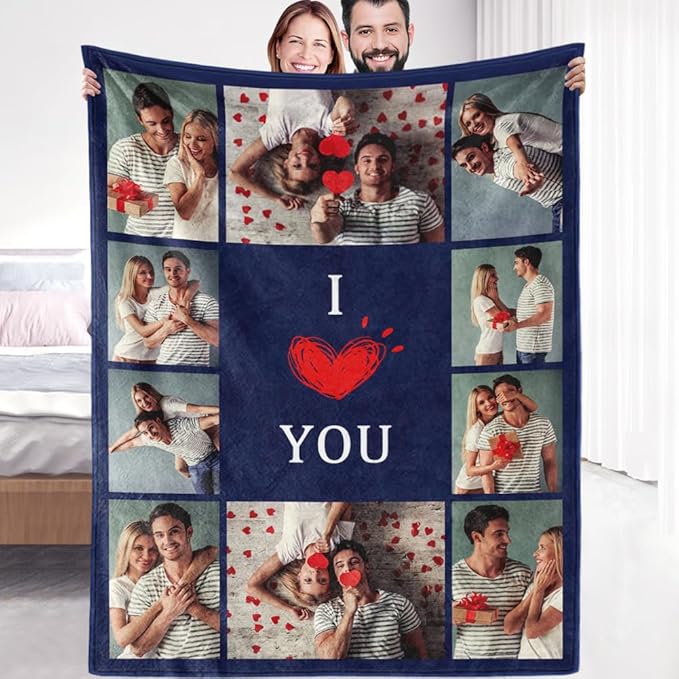 Sherpa Fleece Custom Photo Blanket - Soft, Warm, Fuzzy - Personalized Couples Gifts for Boyfriend, Girlfriend - Customized Picture Blanket for Birthday, Christmas