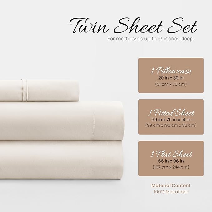 Linen Market Bed Sheets for Twin Size Bed (Ivory) - Sleep Better Than Ever with These Soft and Cooling Twin Sheets - Deep Pocket Fits 16" Thick Beds - 3 Piece Twin Sheet Set