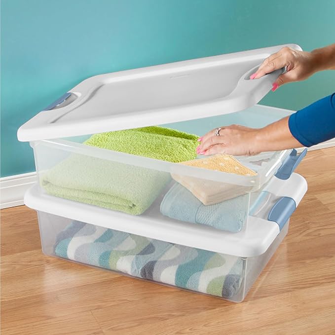 Sterilite 6-Pack Latching Box, Under Bed Storage Bins with Lids, Clear Plastic, 32 Quart - Heavy-Duty Organizing Containers for Closet, Bathroom, and Office