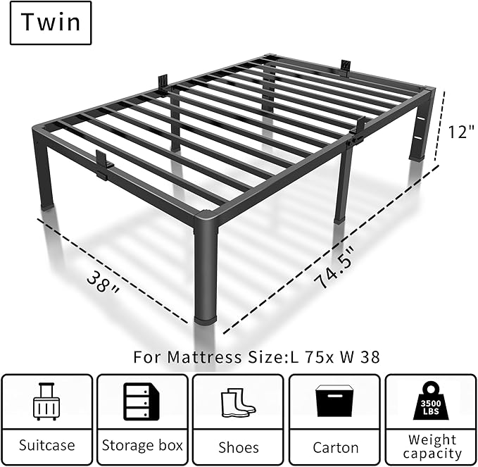ROIL 12 inch Twin Bed Frames with Headboard Hole and Round Corner Legs Mattress Retainers 3500LBS Heavy Duty Steel Slats No Box Spring Needed Platform Noise-Free Easy Assembly