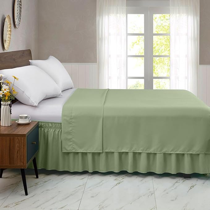 FreshCulture Queen Bed Skirt, Elastic Wrap Around Bed Skirt Queen Size, Bed Skirts for Adjustable Bed, Easy Fit with 15-Inch Tailored Drop, Hotel Quality Dust Ruffle for Queen Bed (Sage Green)