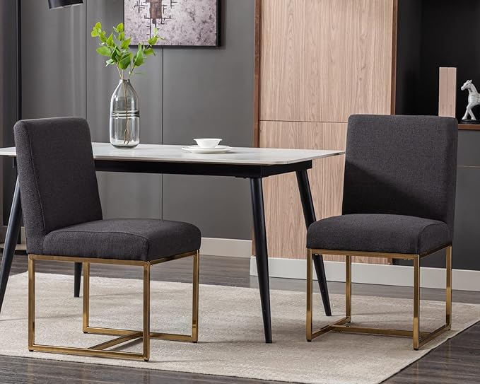 CIMOTA Black Modern Dining Chairs Set of 8, Upholstered Dining Room Chairs Armless Guest Side Chair with Gold Base for Dining Room/Kitchen, Charcoal Black, 8PCS