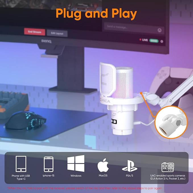 COMICA EJoy Uni USB Microphone for PC Gaming, Streaming, Podcast, YouTube, with Noise Cancellation, Mute, Gain, Monitoring - Condenser Mic for PS5, PS4, Mac, Computer (Boom Arm Mic) - White
