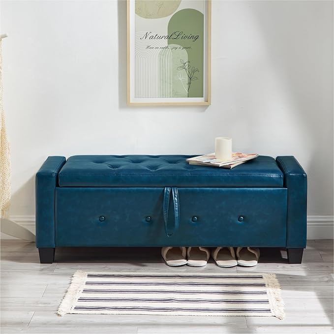 48" Storage Ottoman Bench, Upholstered Button-Tufted End of Bed Bench with Soft-Close Hinge & Solid Wood Legs, Foot Rest for Living Room, Bedroom, Hallway (Faux Leather, Blue)
