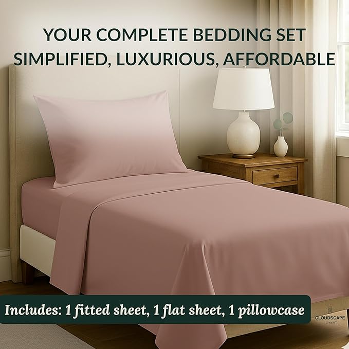Cloud Scape Linen 100% Egyptian Cotton Sheets Twin Size, 3 Pieces Luxury Bedding Set, 400 Thread Count,Hotel Quality, Silky Soft, Breathable and Durable, Deep Pockets up to 15, Sepia Rose