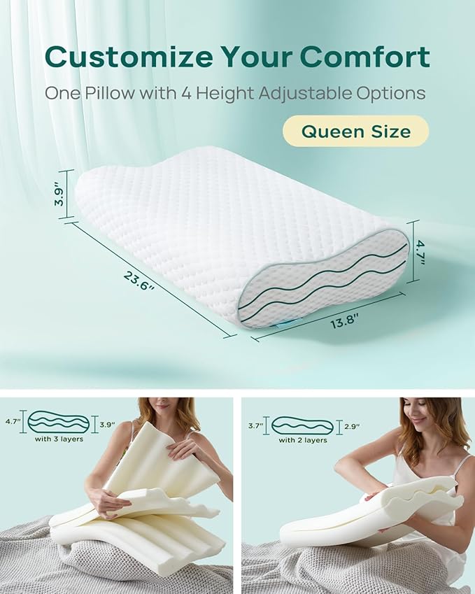 Cervical Neck Pillow, Side Sleeper Pillow for Neck Pain Relief, Adjustable Contour Pillow for Sleeping, Ergonomic Memory Foam Pillow, Orthopedic Cooling Pillow Back Stomach Sleeping, Queen Soft