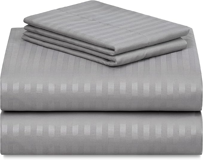 LuxClub 4 PC King Sheet Set, Deep Pockets Wrinkle Free Cooling Bed Sheets Hotel Bedding for Women, Men, Includes 1 Fitted Sheet, 1 Flat Sheet and 2 Pillowcases-Striped - Light Grey