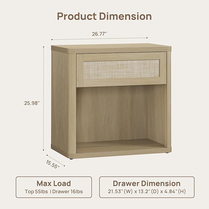 SICOTAS Night Stand Set of 2 26" Wide Large Nightstands with Drawer & Shelf Storage Rattan Bedside Table Boho End Table Tall Bed Side Tables Night Stands for Bedroom Living Room Sofa Office, Sand Oak