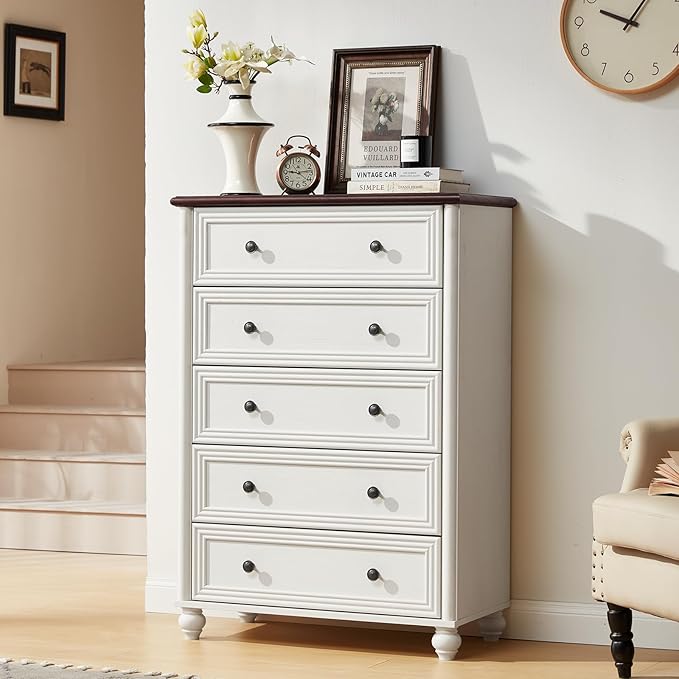 White Dresser for Bedroom, Farmhouse Tall Chest of Drawers Dresser Elegant Large Storage Dressers Organizer with Solid Wood Legs and Metal Handle Closet for Living Room, Hallway Entryway