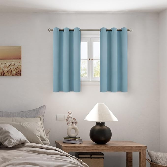 BGment Short 100% Blackout Curtains for Bedroom, Thermal Insulated Lined Energy Efficiency Noise Reducing Grommet Curtains 45 Inch Length for Small Window 2 Panels Each 42 Inch Wide, Greyish Blue