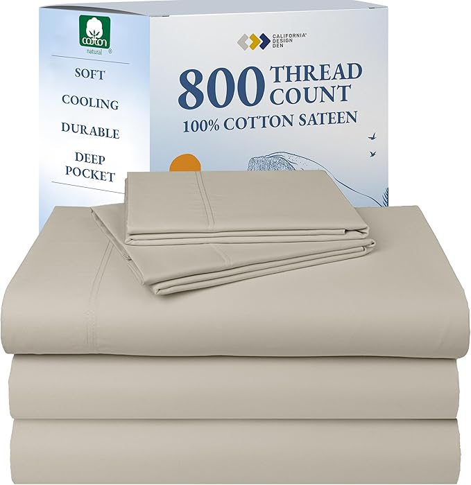 California Design Den Split King Sheet Set - Luxury 800 Thread Count, 100% Cotton Sateen, Bedding Set with Deep Pockets Sheets - Beige