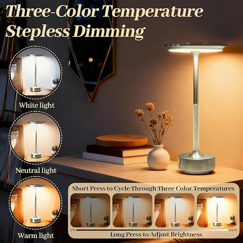 2 Pack Cordless Table Lamp Rechargeable, Portable Battery Powered USB Desk Lamp, 3 Color Dimming LED Table Light with Touch Control, for Bedroom/Restaurant/Office/Outdoor(Silver)