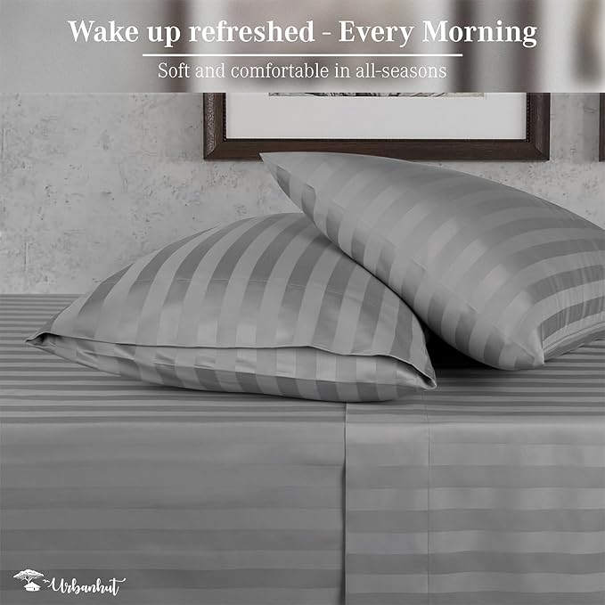 URBANHUT 800 Thread Count 100% Cotton Damask Full Size Sheets, 4 Piece Striped Full Size Bedsheets, Luxury Hotel Sheets Sateen Weave - Better Than Egyptian, 16" Elasticized Deep Pocket- Dark Grey