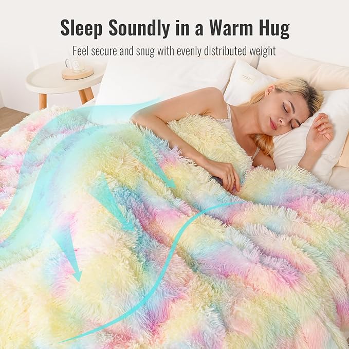 Uttermara Faux Fur Weighted Blanket 15 LBS Twin Full Size, Fluffy Fur Heavy Blanket for Sofa Bed, Super Soft Plush Fleece & Cozy Sherpa Reverse, Luxury Long Fur Adults Bed Blanket, 48" x 72", Rainbow