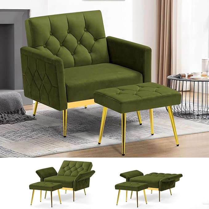 Velvet Accent Chair w/Adjustable Armrests and Backrests, Tufted Single Sofa with Ottoman, Upholstered Reading Chiar for Living Room, Apartment, Bedroom, Olive Green