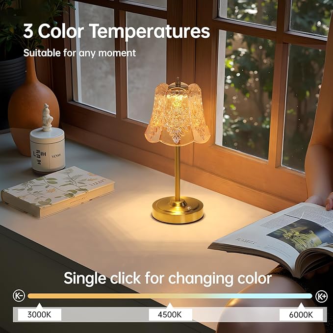 Small Table Lamp with 5200mAh Battery & Touch Control - 3 Adjustable Color Temperatures, Dimmable Rechargeable Table Lamps for Living Room, Bedroom, Bedside (Amber Rose)