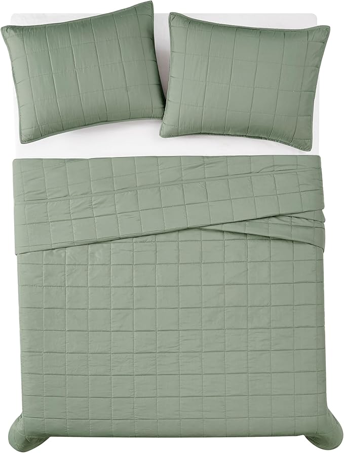 London Fog Garment Washed Solid Quilt Set Green Microfiber 2-Piece Twin Quilt Set, Solid Themed, Adult and Teen, Oeko-TEX Certified