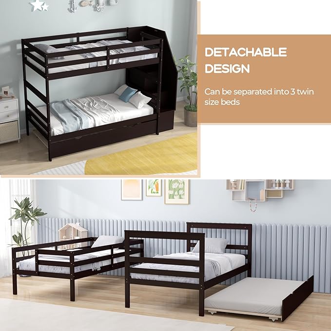 KOTEK Twin Over Twin Bunk Bed with Trundle and Stairs, Solid Wood Bunk Bed Frame with Storage Shelf, Bunk Beds Detachable into 2 Platform Beds for Kids Teens Adults (Espresso)