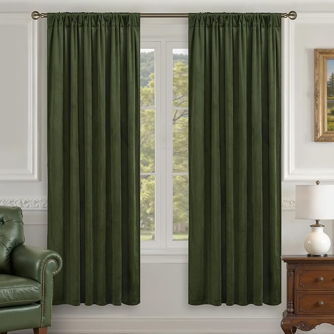 LAMIT Olive Green Velvet Blackout Curtains 78 Inch, Vintage Thermal Insulated Room Darkening Drapes for Living Room Back Tab and Rod Pocket Privacy Window Panels for Bedroom, 2 Panels, 52 x 78 Inch