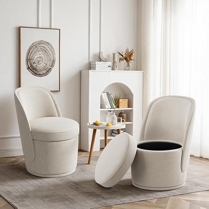 Swivel Accent Chair, 360° Swivel Chair with Hidden Storage, Vanity Chairs, Modern Small Barrel Swivel Armchair for Living Room/Bedroom, Beige