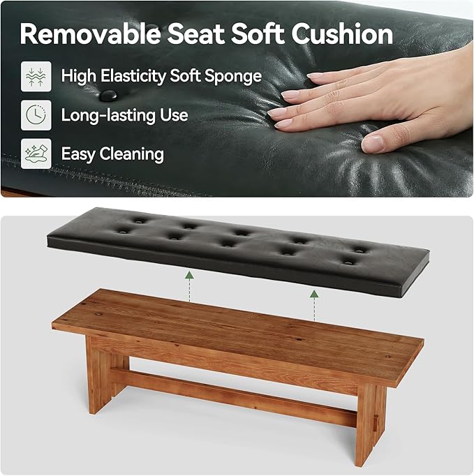 Solid Wood Bench with Cushion, 55" Upholstered Entryway Bench with Thickened Legs, Button-Tufted Shoe Bench Seat, Vintage Indoor End of Bed Bench for Bedroom, Living Dining Room, Hallway, Dark Walnut