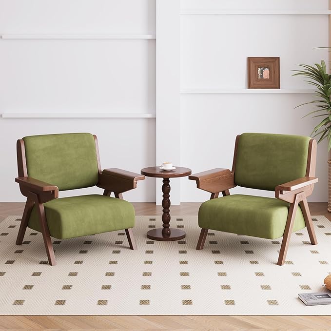 Accent Chair Set of 2, Mid Century Modern Chair, Velvet Upholstered Lounge Arm Chair with Solid Wood, Cozy Seating for Living Room, Bedroom, Balcony (Green)