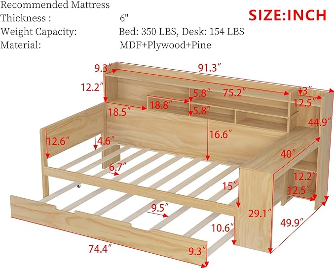Merax Twin Size Corner Bed Frames with Desk and Trundle & Storage Shelves Headboard, Pinewood U-Shaped Captain Daybed for Small Room, Bedroom, Guest Room, Kids' Room, Natural