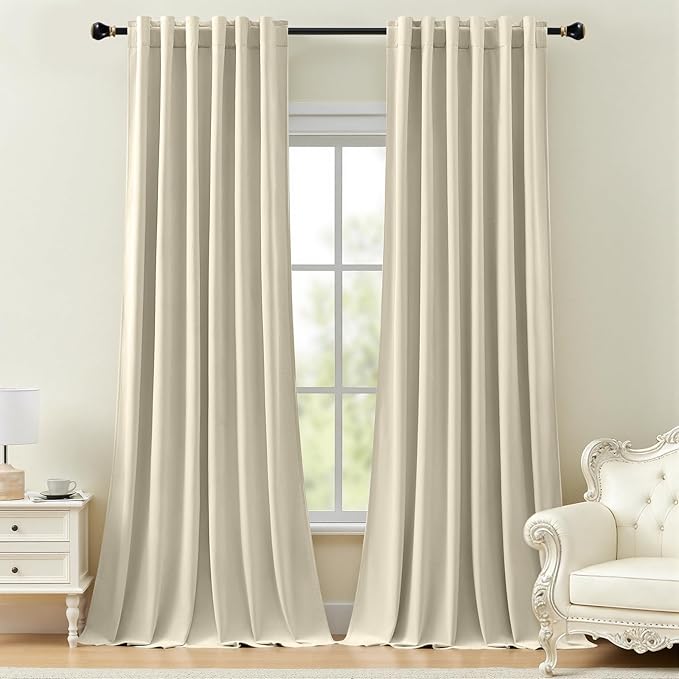 Velvet Curtains 102 Inches Long for Bedroom, Room Darkening Thermal Insulated Soundproof Curtain Solid Soft Elegant Window Drapes for Living Room, Back Tab Rod Pocket, Ivory, W52 x L102, 2 Panels