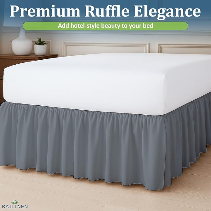 Rajlinen Ruffled Bed Skirt Full XL, 24 Inch Drop Dust Ruffle with Split Corners, 100% Microfiber Bedskirt with Platform, Three-Sided Coverage Ruffled Gathering Design, Dark Grey