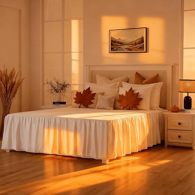 King Size 21" Drop - White Lightweight Cotton Bed Skirt with Crochet Edge - Dust Ruffle with Split Corner - Soft, Elegant, Breathable Bedding Accessory