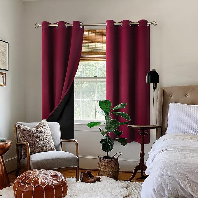 BGment Thermal Insulated 100% Blackout Curtains for Bedroom with Black Liner, Double Layer Full Room Darkening Noise Reducing Grommet Curtain (42 x 63 Inch, Burgundy Red, 2 Panels)