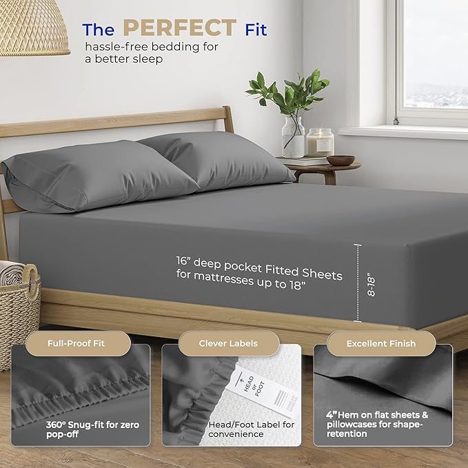THREAD SPREAD 400 Thread Count King Cotton Sheets - 4 PC King Size Bed Sheet Set Cotton (Dark Grey), Soft, Cooling, Hotel-Quality 16" Deep Pocket Sateen Bedsheet for Hot Sleepers (Fits 18" Mattress)