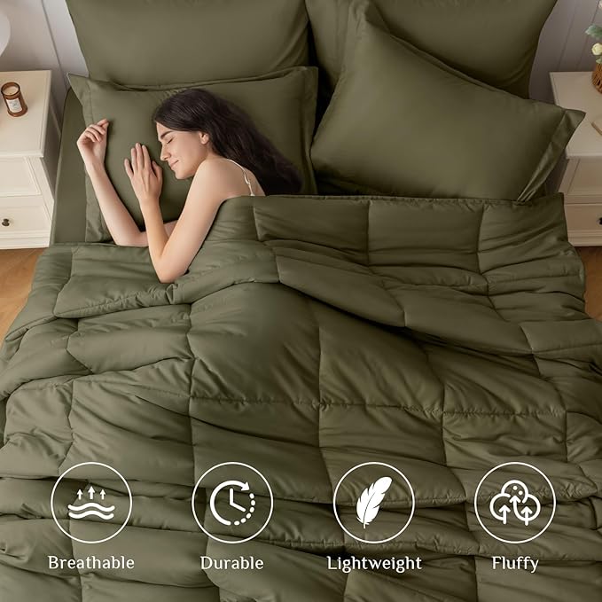 JOLLYVOGUE California King Comforter Set, Ultra-Soft Bed in a Bag Cal King Size 7 Pieces, Oeko-TEX Certified Bedding Set with Down Alternative Comforter, Sheets, Pillowcases & Shams, Olive Green