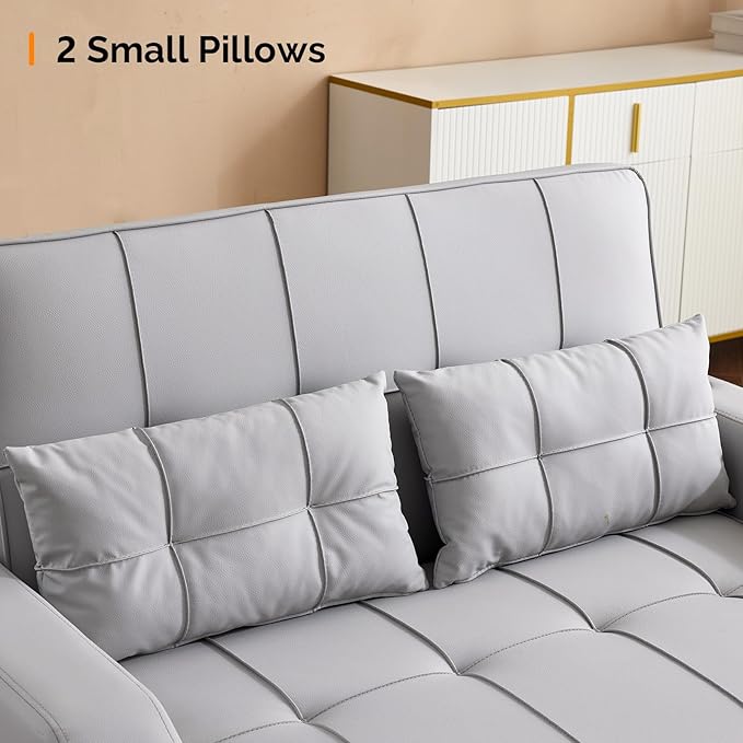 VINGLI Convertible Loveseat Sleeper, Light Grey Faux Leather Futon Sofa Bed Pullout Couch Bed with USB Ports, Cup Holders, Armrest for Living Room, Bedroom, Home Office Apartment