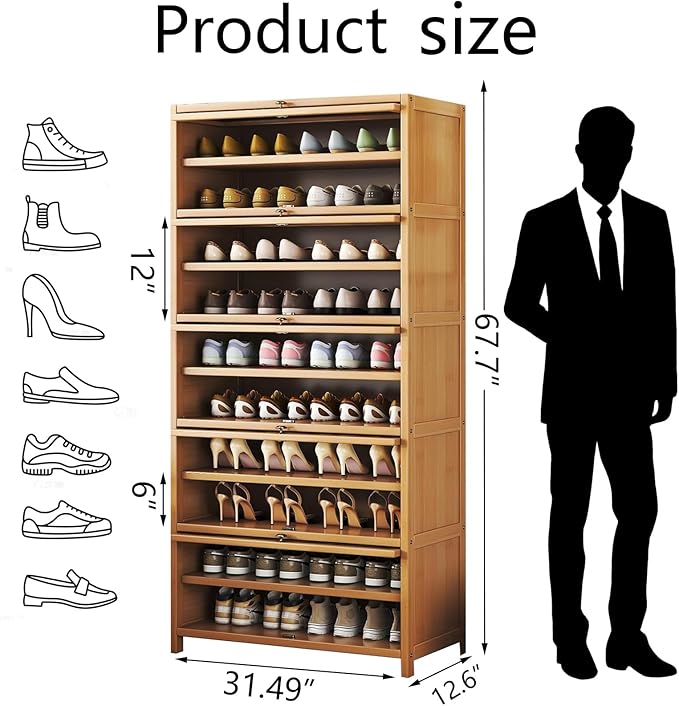 Bamboo Shoe Cabinet with Acrylic Door,10-Tier Shoe Storage Rack, 40-45 Pairs Freestanding Shoe Rack, Entrance Shoe Cabinet for Hallway Living Room