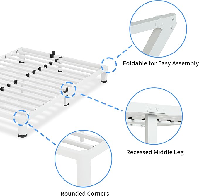 4 Inch White King Size Bed Frame, 3500Lbs Heavy Duty Metal Platform with Round Corner Legs Mattress Slide Stopper, Steel Slat Support No Box Spring Needed, Noise Free, Non-Slip, Easy Assembly