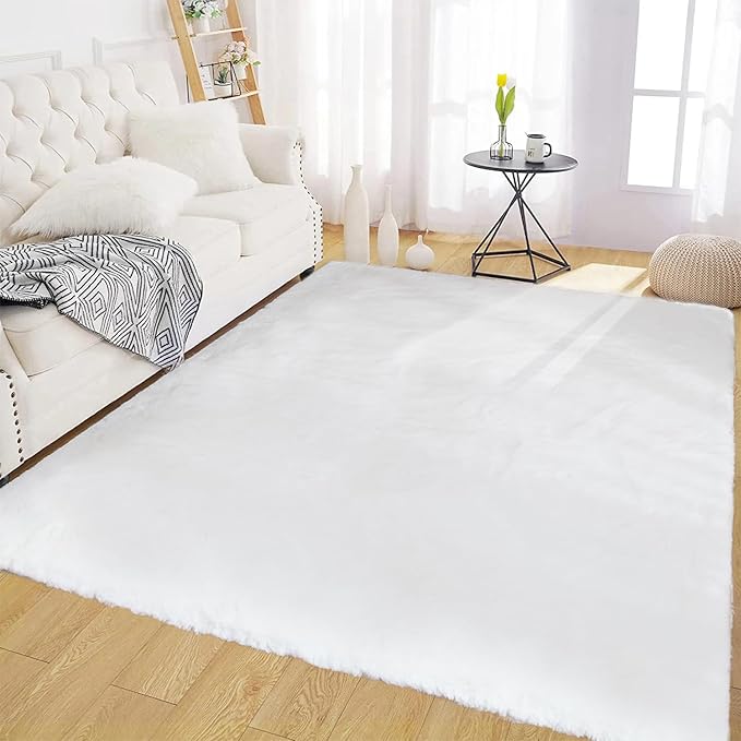 Latepis Area 4x6 Rug Fluffy White Washable Faux Rabbit Fur Rug Fuzzy Shag Rugs for Living Room Shaggy Throw Nursery Rugs Carpets for Bedroom