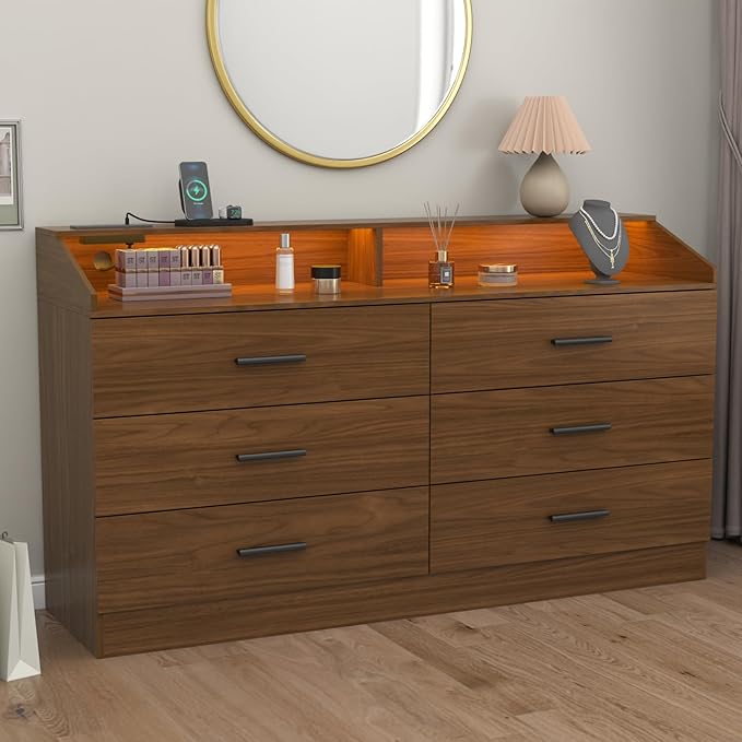 6 Drawer Dresser with Power Outlet, Chest of Drawers with LED Light, Modern Dresser with Open Storage Cubby, Double Wide Dressers Organizer for Bedroom, Living Room, Entryway,Hallway