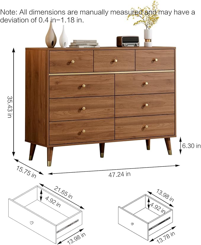 Modern Chest of Drawers with 9 Drawers,Deep Drawers,Clothes Organizer,Large Storage Cabinet for Living Room, Bedroom,Hallway,with Anti-Tipping Device,Brown