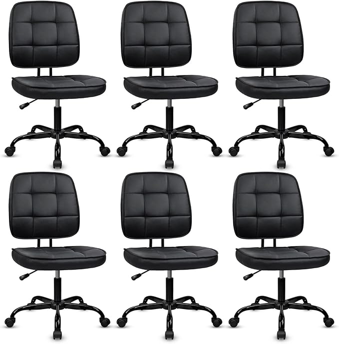 CLATINA Armless Home Office Chair with Lumbar Support and Wheels, Small PU Leather Ergonomic Low Back Desk Chairs No Arms, Adjustable Height 360° Swivel Rolling Computer Task Chair, Black, 6 Pack
